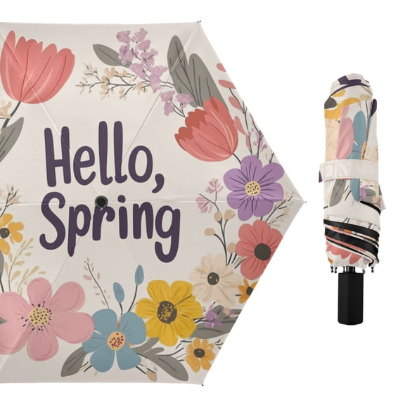Hello Spring Florals Pastel Color All Weather Umbrella Triple Folding Parasol 6 Ribs UV Protection Portable