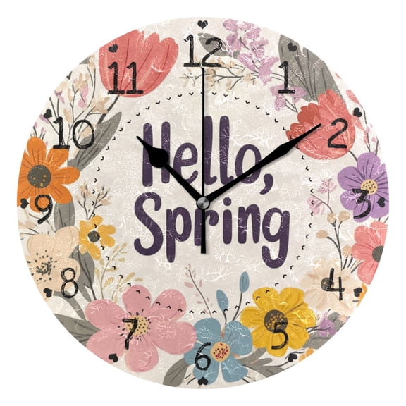 Hello Spring Florals Pastel Color Round Wall Clock Silent Analog Battery Operated Black Pointer Home Decor 9.84" Diameter