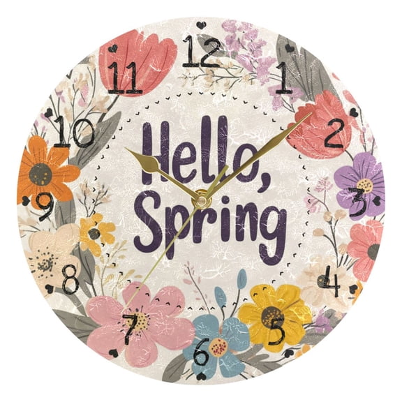 Hello Spring Florals Pastel Color Round Wall Clock Silent Analog Battery Operated Gold Pointer Home Decor 9.84" Diameter