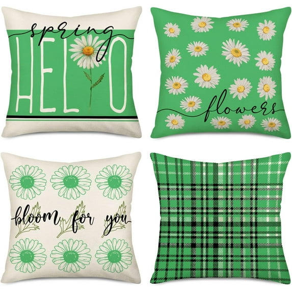 Hello Spring Flower Green Pillow Covers 18x18 Inch Daisy Floral Bloom for You Pillow Cases Set of 4 Check Plaid Buffalo Spring Farmhouse Decorations Pillows Cushion Cover Cotton Linen
