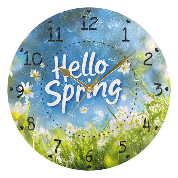Hello Spring Fresh Grass Daisies Round Wall Clock Silent Analog Battery Operated Gold Pointer Home Decor 9.84" Diameter