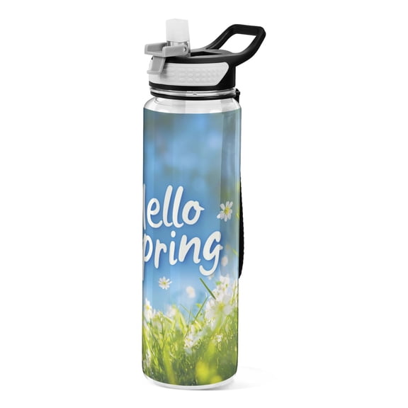 Hello Spring Fresh Grass Daisies Transparent Sports Water Bottle with Straw BPA Free Tritan 32oz for Gym Camping