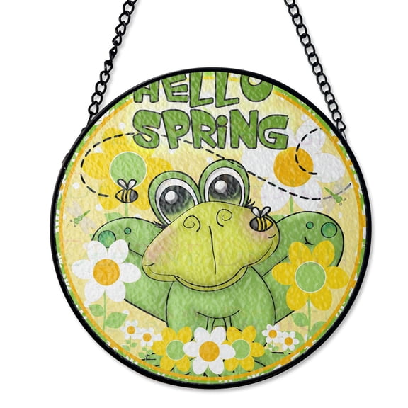 Hello Spring Frog Stained Glass Suncatcher UV Printed Glass Cute Amphibian Decor Round