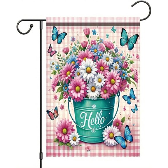 Hello Spring Garden Flag 12x18 Inch Double Sided Outdoor Yard Banner Butterfly and Daisy Floral Bucket Design for Porch Patio Lawn Garden Farmhouse Spring Summer Decoration