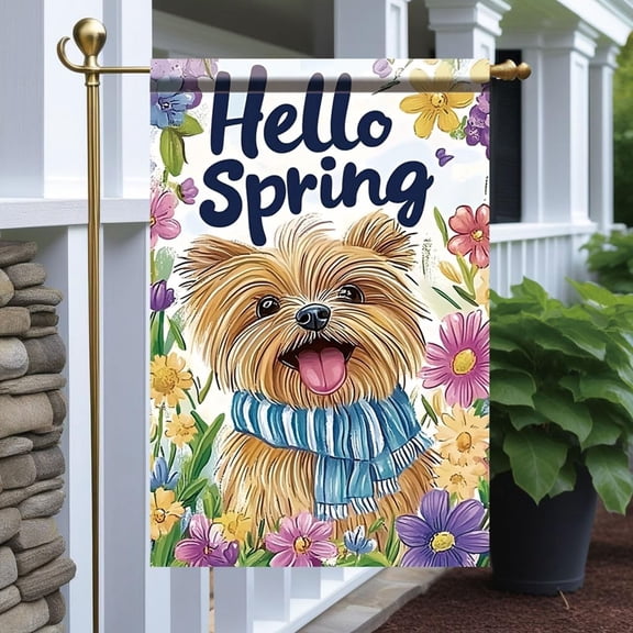 Hello Spring Garden Flag 12x18 Inch Double Sided Outdoor Yard Banner Cute Dog with Scarf Floral Design Seasonal Porch Patio Lawn Decoration