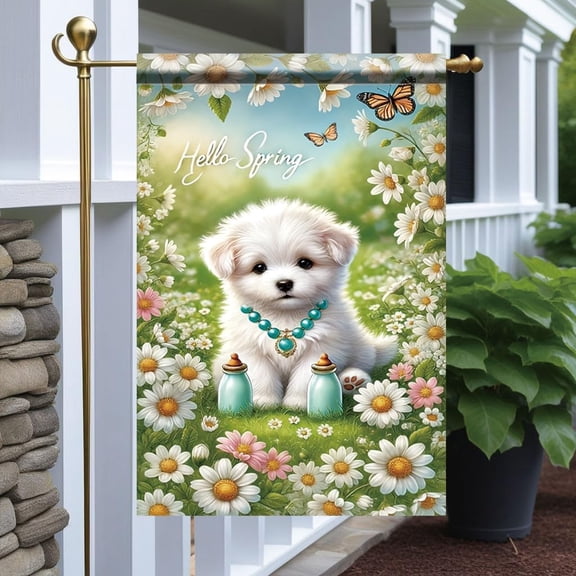 Hello Spring Garden Flag 12x18 Inch Double Sided Outdoor Yard Banner Cute Puppy Daisy Butterfly Design for Spring Porch Patio Lawn Garden Seasonal Home Decor
