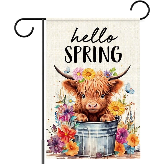Hello Spring Garden Flag,Highland Cow Small Yard Flags,Spring Theme Welcome Garden Flag for Outside Outdoor Decoration,12x18 Inch Burlap Double Sided
