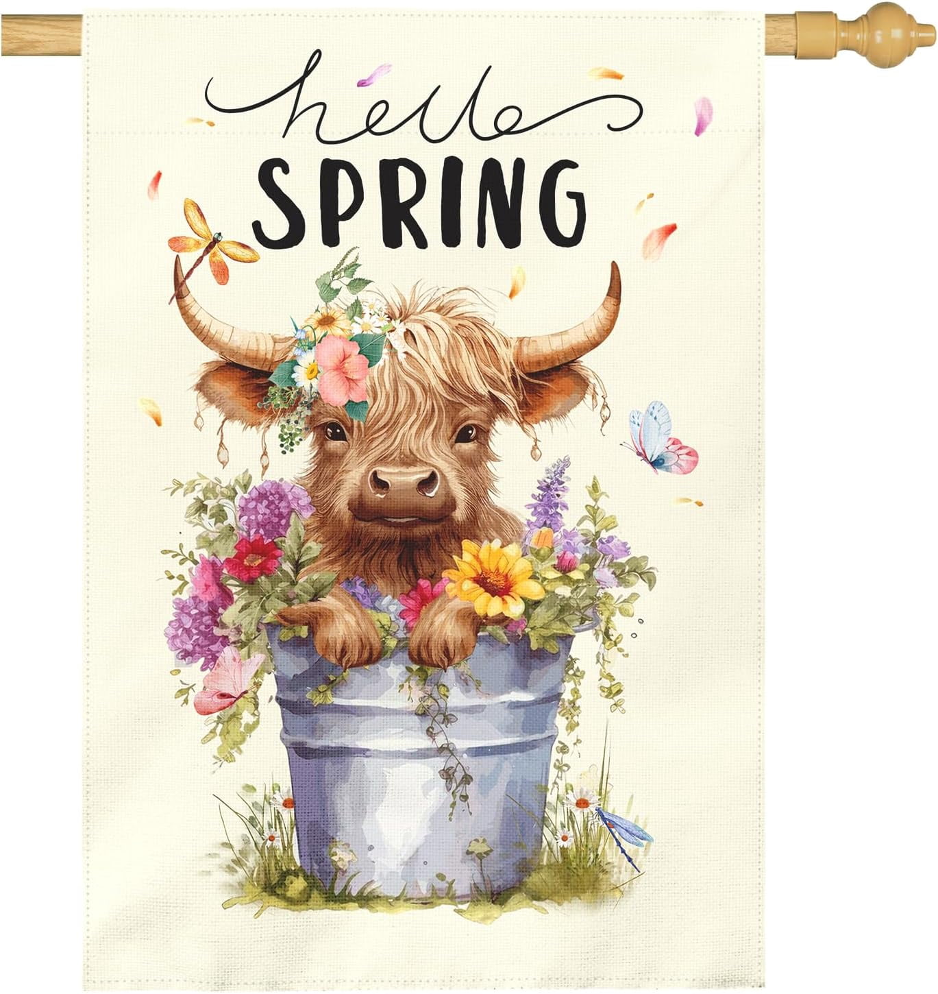Hello Spring Garden Flag Large Highland Cow Polyester House Banner ...
