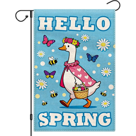 Hello Spring Garden Flags 12x18 Inch Double Sided, Funny Goose Garden Flag for Outside, Small Burlap Yard Flags for Farmhouse Holiday Outdoor Decor(ONLY FLAG)
