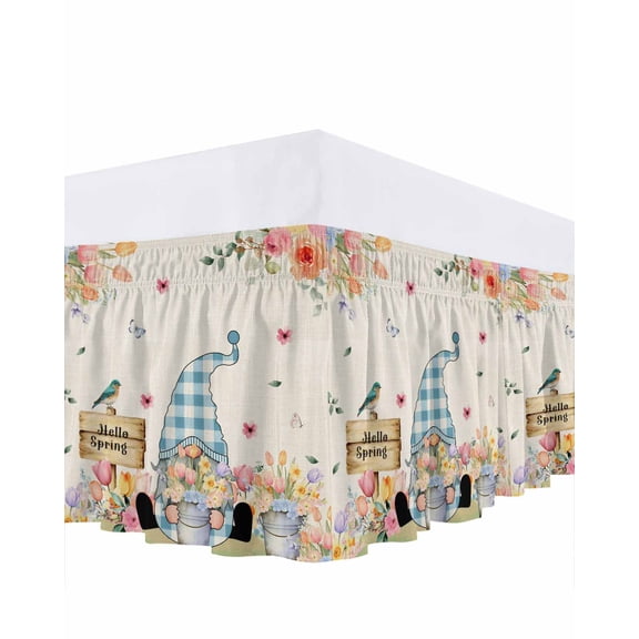 Hello Spring Gnome Bed Skirt Queen Size 18 Inch Drop, Country Pink Purple Tulip Flower Gnome Floral Adjustable Elastic Dust Ruffles Bedskirt for Queen Bed Wrap Around Pleated Mattress Frame Cover