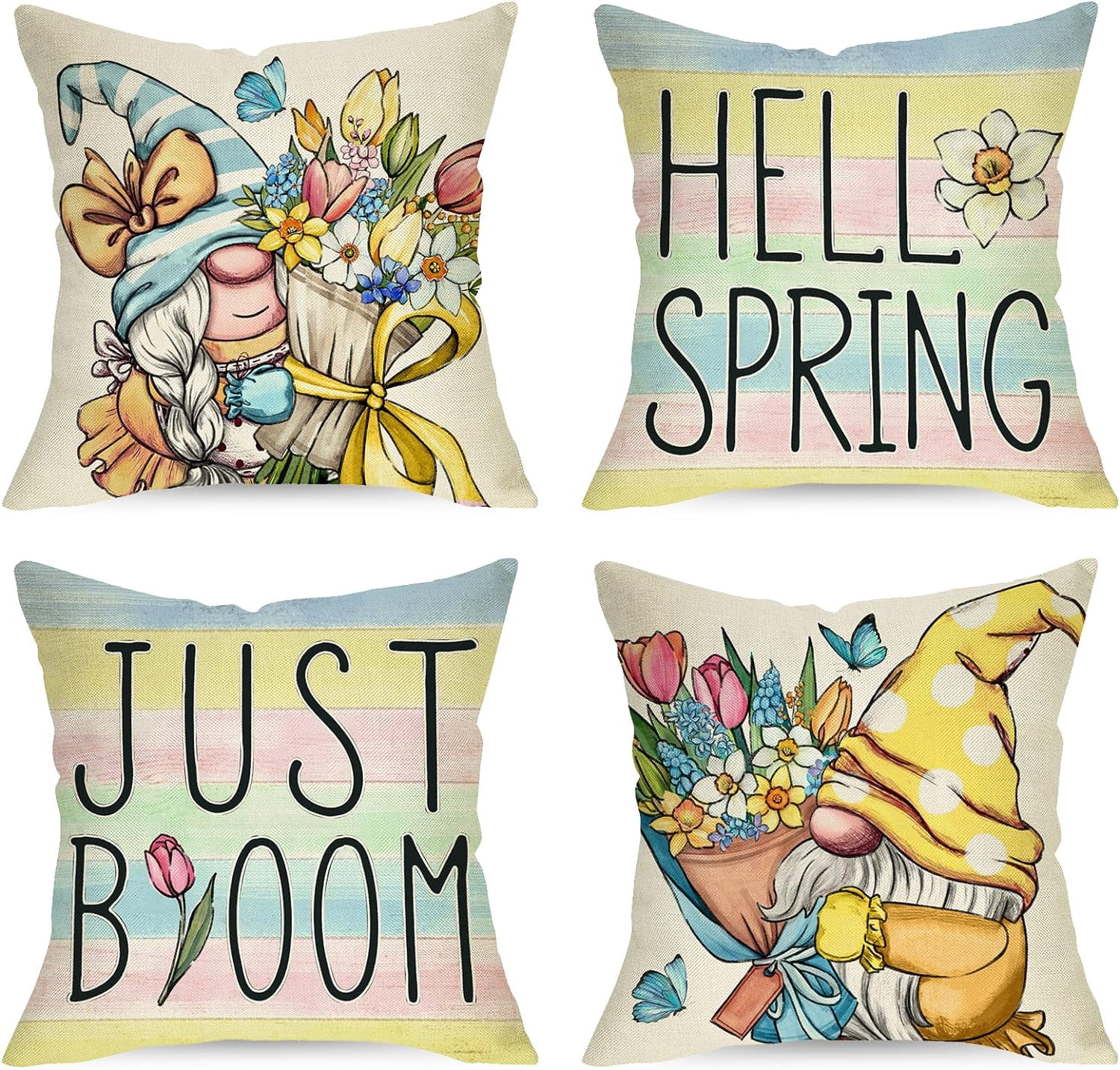 Hello Spring Gnome Decorative Throw Pillow Covers 16 x 16 Set of 4 ...