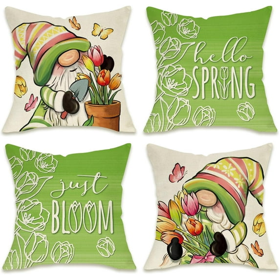 Hello Spring Gnome Decorative Throw Pillow Covers 18 x 18 Set of 4, Just Bloom Tulip Flower Green Porch Patio Outdoor Pillowcase, Floral Pot Butterfly Seasonal Cushion Case Home Decor