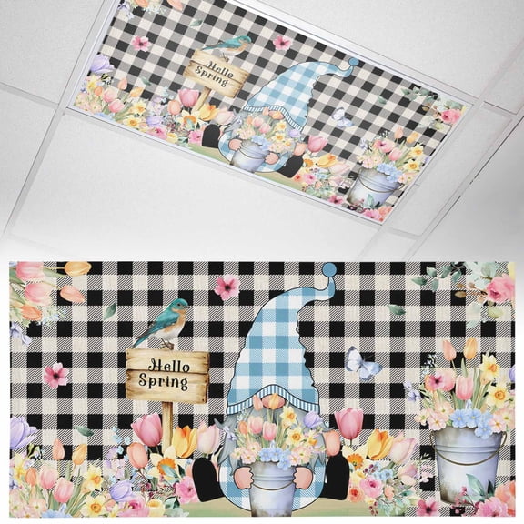 Hello Spring Gnome Fluorescent Light Covers Country Pink Purple Tulip Flower Gnome Floral Black Plaid Magnetic Light Filters Ceiling Lighting Panel Shade for Classroom Office Home 2 x 4 ft, 1 Pack