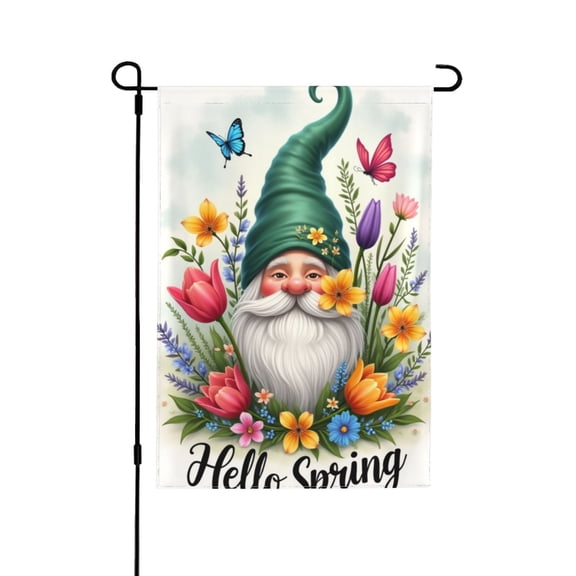 Hello Spring Gnome Garden Flag, 12x18 Inch Double Sided Spring Garden Decor, Floral Butterfly Gnome Yard Flag, Outdoor Lawn Decoration