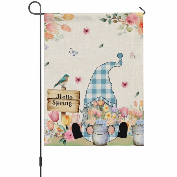 Hello Spring Gnome Garden Flags For Outdoor, Country Pink Purple Tulip Flower Gnome Floral Linen Texture Small Double Side Yard Flags Weather Proof Garden Decor for Lawn Outside Holiday 12x18 Inches