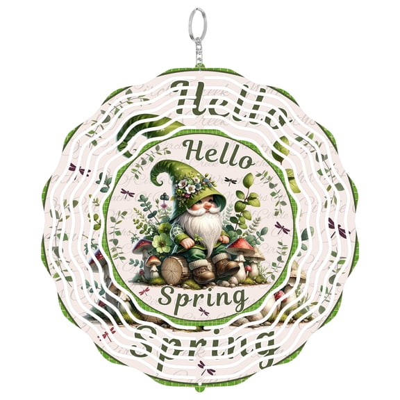 Hello Spring Gnome Green Floral 3D Wind Spinner Hanging, Round UV Printed Tinplate, Garden Ornament,