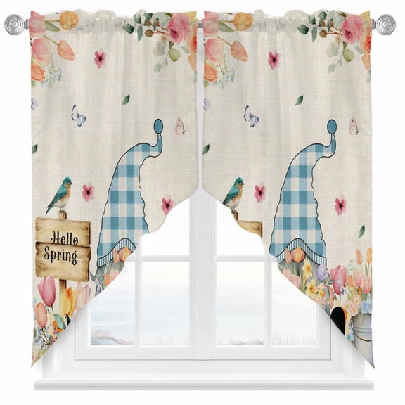 Hello Spring Gnome Swag Kitchen Curtain Valances, Country Pink Purple Tulip Flower Gnome Floral Rod Pocket Curtains Window Treatment Decor Valances for Bedroom Bathroom, 2 Panels 28 x 36 Inch