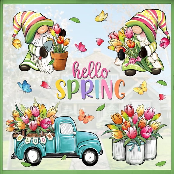 Hello Spring Gnome Window Clings 4 Sheets, Tulip Flower Teal Truck Mason Jar Farmhouse Wall Stickers Decal Decorations, Floral Bloom Butterfly Seasonal Living Room Home Kitchen Decor
