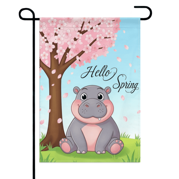 Hello Spring Hippo Garden Flag 12×18in Double Sided Cute Cartoon Animal Spring Fade Resistant Decor For Outdoor Porch Lawn Patio