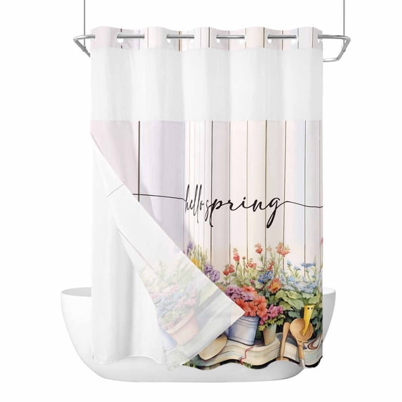 Hello Spring No Hook Shower Curtain Waterproof, Bathroom Curtains with Snap in Liners and See Through Top Window, Elagant Summer Floral Botanical Wooden Hotel Style Bathtub Curtains Shower 48"Wx72"L