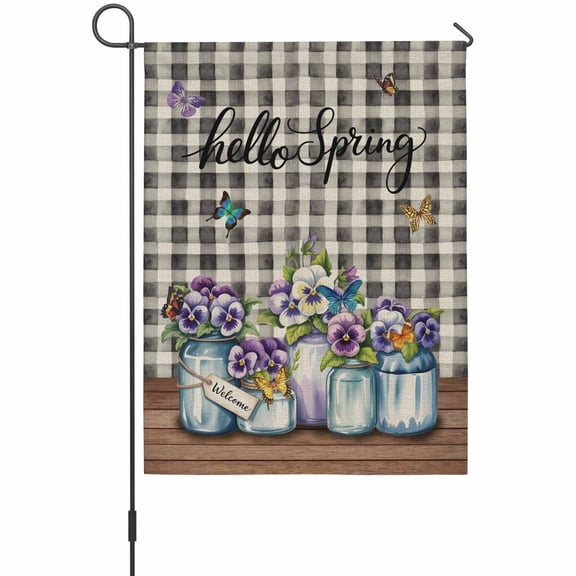 Hello Spring House Flag 28 x 40 Inches, Farm Purple Pansy Flowers in The Jug Black Plaid Weather Proof Outdoor Patio Flags Double Sided Small House Decoration for Yard Lawn Outside Home