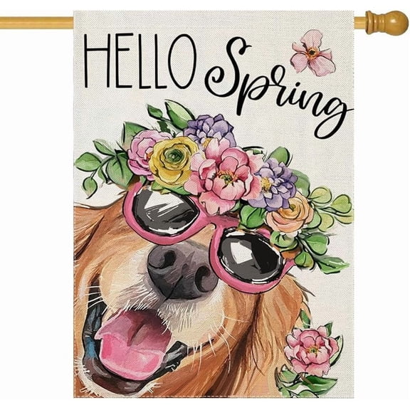 Hello Spring House Flags for Outdoor Decoration, Dog with Flowers Hat Large Yard Flag, Seasonal Decorative Celebration Decor for Summer Farmhouse Holiday Outside 28x40 Inch Vertical Double
