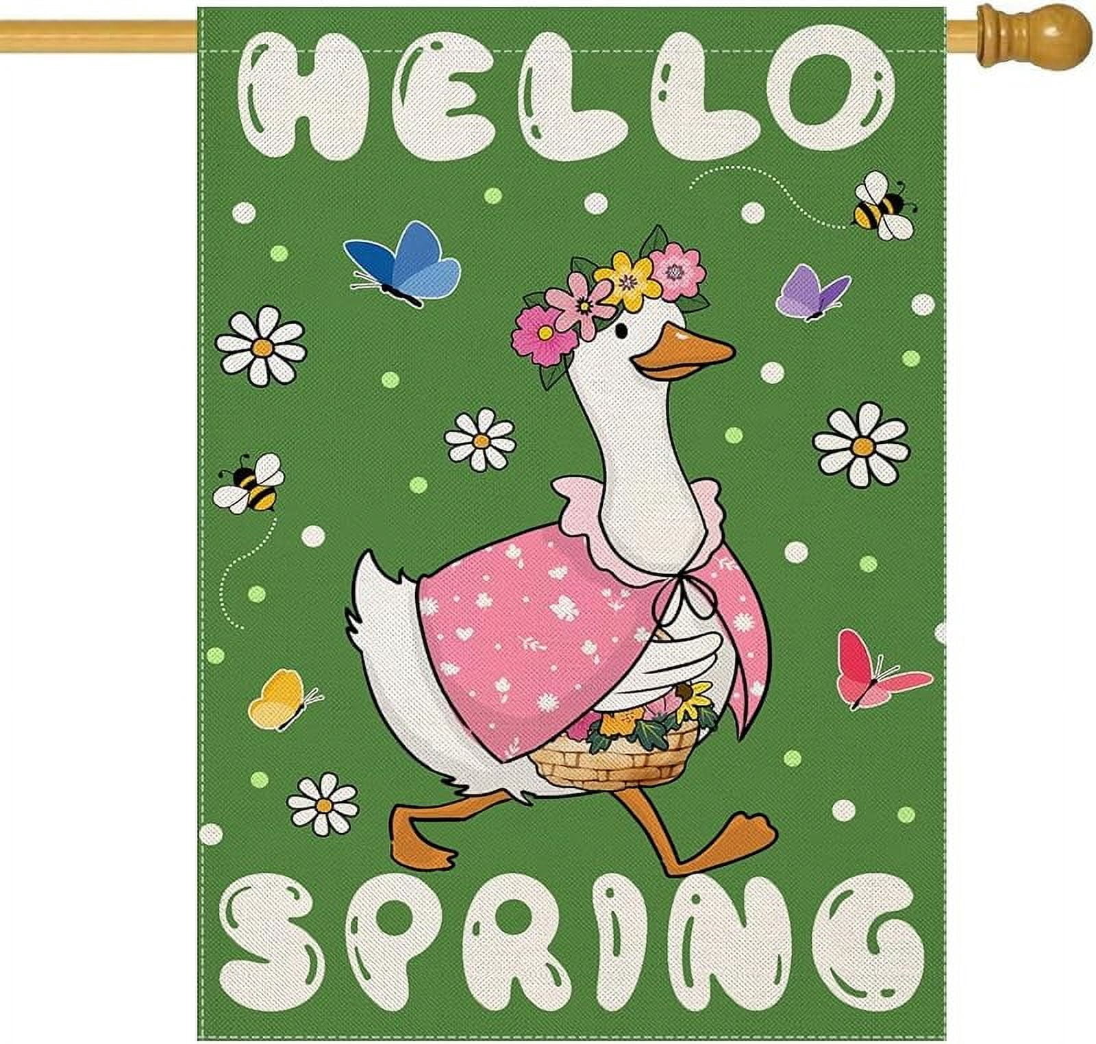 Hello Spring House Flags for Outdoor Decoration, Funny Goose with Flowers Large Yard Flag,Seasonal Decorative Decor for Holiday Summer Outside 28x40 Inch Vertical Double Sided
