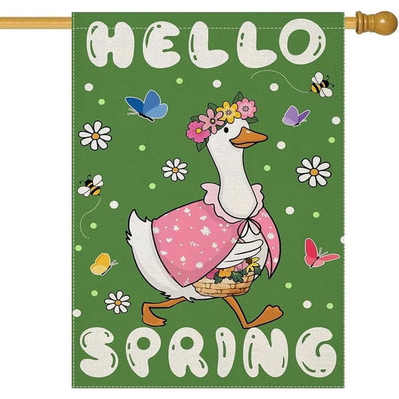 Hello Spring House Flags for Outdoor Decoration, Funny Goose with Flowers Large Yard Flag,Seasonal Decorative Decor for Holiday Summer Outside 28x40 Inch Vertical Double Sided