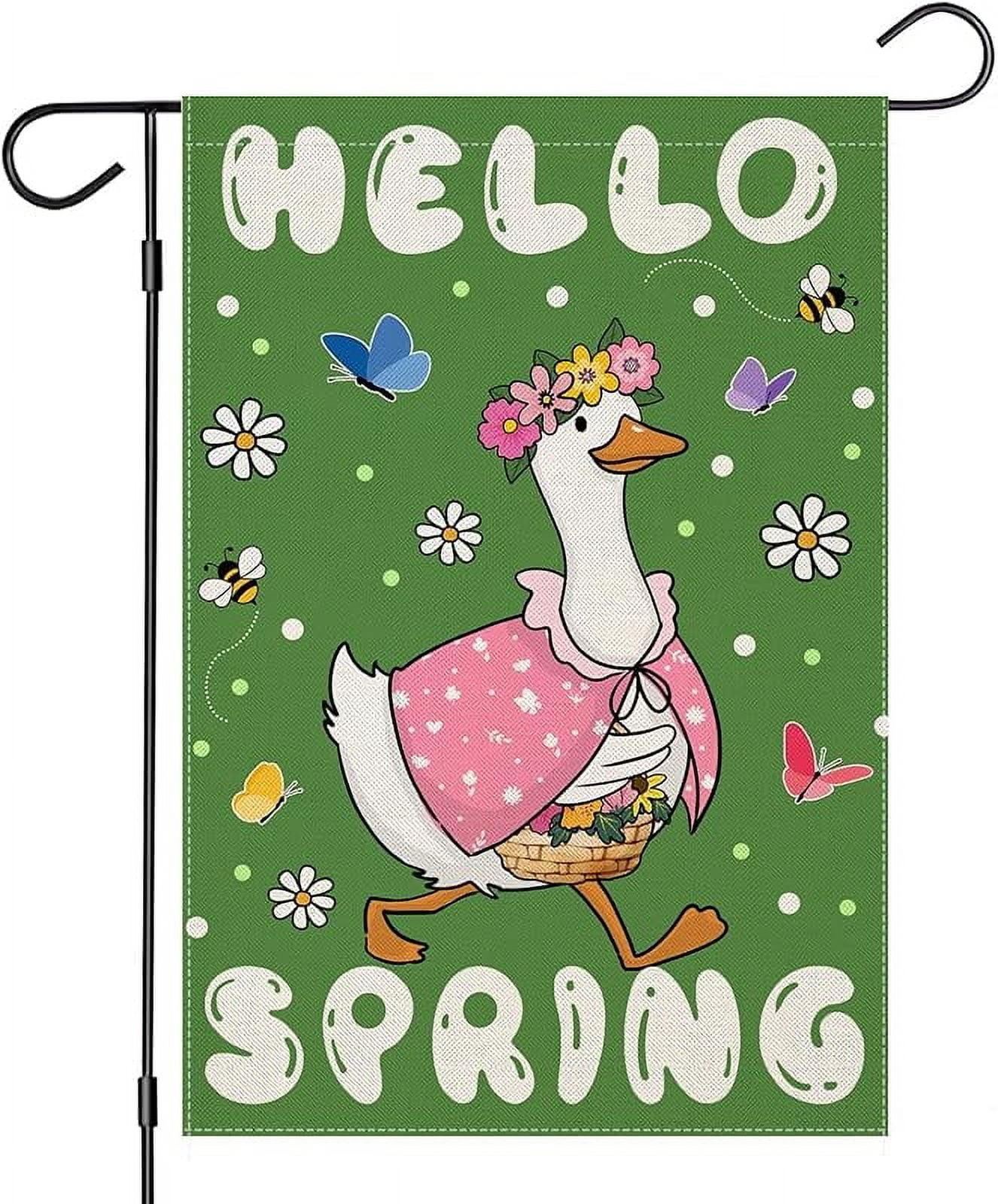 Hello Spring House Flags for Outdoor Decoration, Funny Goose with Flowers Large Yard Flag,Seasonal Decorative Decor for Holiday Summer Outside 28x40 Inch Vertical Double Sided
