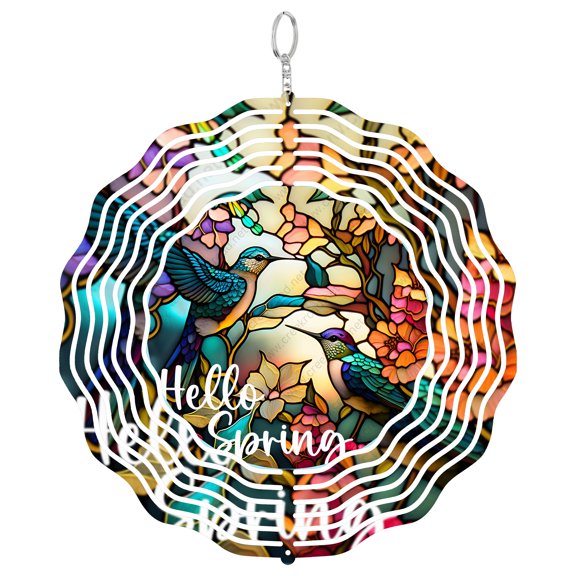 Hello Spring Hummingbirds Flying Through Flowers 3D Wind Spinner, Stainless Steel Kinetic Art, Nature Bird Lover Gift, Round