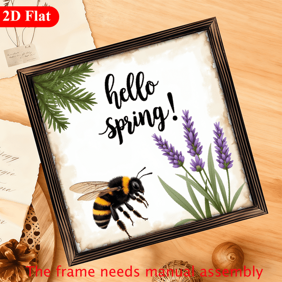 Hello Spring Hyacinth Sign with Frame, 12x12 InchFarmhouse Style Spring Decor Wall Art Featuring Flowers Bee, Perfect for Home, Living Room, Office, GarageRustic Indoor Decorative Plaq