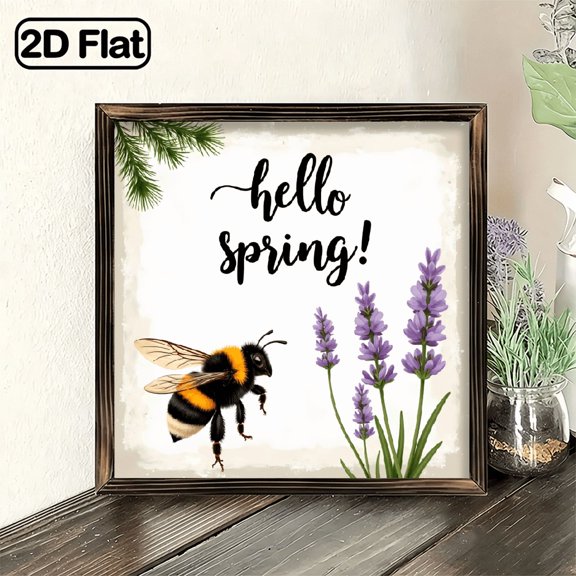 Hello Spring Hyacinth Sign with Frame, 8x8 Inch Farmhouse Style Spring Decor Wall Art Featuring Flowers Bee, Perfect for Home, Living Room, Office, Garage Rustic Indoor Decorative Plaq