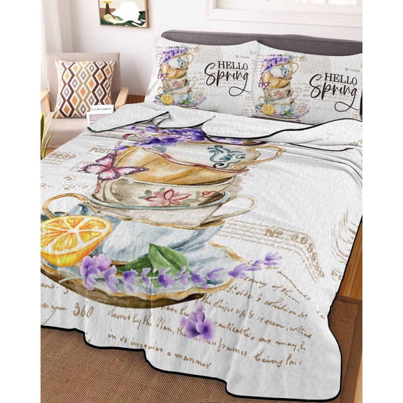 Hello Spring King Size Down Alternative Comforter, Lightweight Comforter Quilt Bedding Set with Pillow Shams Purple Floral Botanical Coffee Cups All Seasons Bed Comforter Duvet Insert 96"x106"