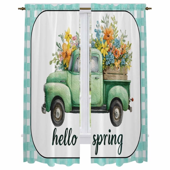 Hello Spring Kitchen Curtain for Berdoom Living Room Cafe 72 Inch Length, Easter Flowers Green Truck Floral Blue Plaid Tiers Curtains Light Filtering Drapes Window Treatment 2 Panels 52"Wx72"L