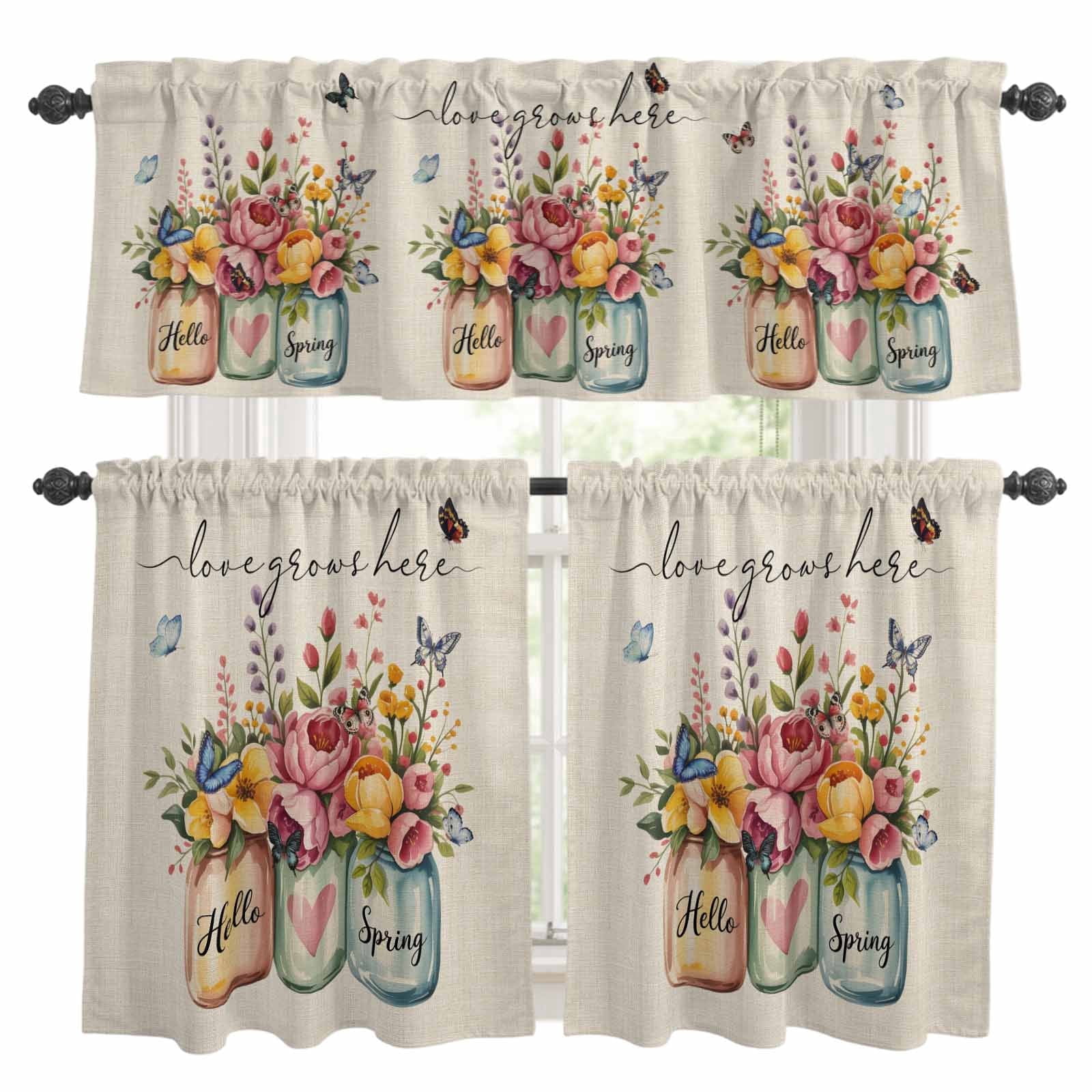 Hello Spring Kitchen Curtains Valances and Tiers 3pcs Love Grows Here Color Flowers Leaf Retro Linen Tier Curtains and Valance Rod Pocket Valance Curtains Set for Kitchen Bathroom 27.5"x36"