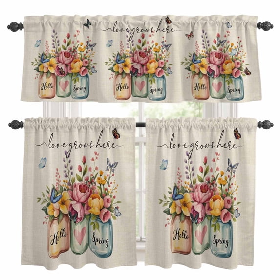 Hello Spring Kitchen Curtains Valances and Tiers 3pcs Love Grows Here Color Flowers Leaf Retro Linen Tier Curtains and Valance Rod Pocket Valance Curtains Set for Kitchen Bathroom 27.5"x36"