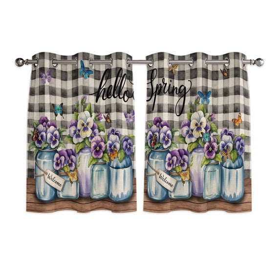 Hello Spring Kitchen Curtains Window Panels, Pastoral Purple Bottle Floral Black White Plaid Insulated Window Treatment Curtain, Grommet Curtains for Bedroom/Living Room/Bathroom, 2 Piece 42"Wx45"L