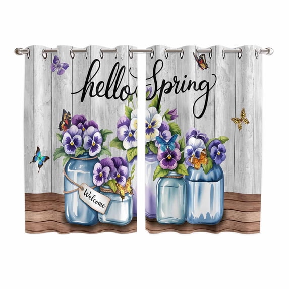 Hello Spring Kitchen Curtains Window Panels, Pastoral Purple Bottle Floral Gray Wooden Insulated Window Treatment Curtain, Grommet Curtains for Bedroom/Living Room/Bathroom, 2 Piece 52"Wx72"L