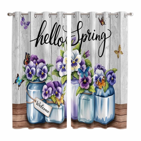 Hello Spring Kitchen Curtains Window Panels, Pastoral Purple Bottle Floral Gray Wooden Insulated Window Treatment Curtain, Grommet Curtains for Bedroom/Living Room/Bathroom, 2 Piece 52"Wx84"L