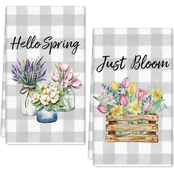 Hello Spring Kitchen Dish Towel Spring Floral Blossom Dishcloth 18 x 26 Inch Gray White Plaids Flower Hand Drying Tea Towel for Cooking Baking, 2Pcs