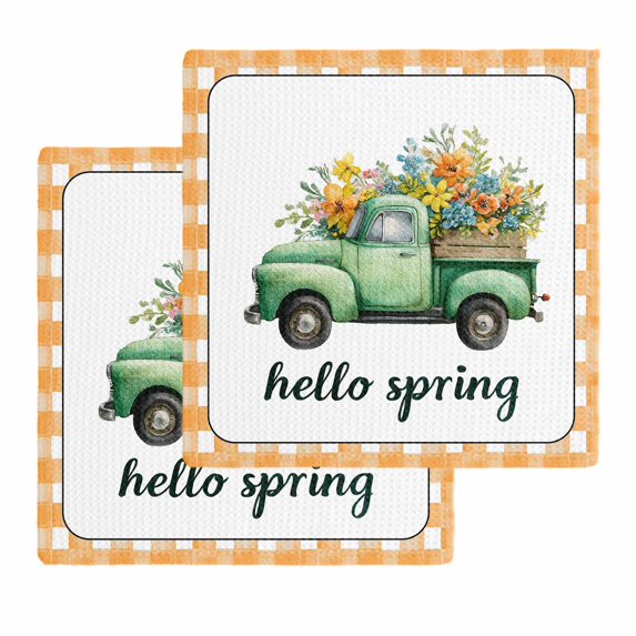 Hello Spring Kitchen Dish Towels for Drying Dishes Set of 2, Easter Flowers Green Truck Floral Orange Plaid Waffle Weave Microfiber Hand Tea Bathroom Towels Quick Dry & Absorbent Towel 12x12