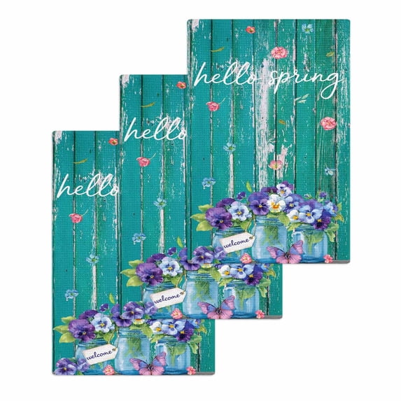 Hello Spring Kitchen Dish Towels for Drying Dishes Set of 3, Pastoral Purple Bottle Floral Dark Green Wood Waffle Weave Microfiber Hand Tea Bathroom Towels Quick Dry & Absorbent Towel 15.7x23.6