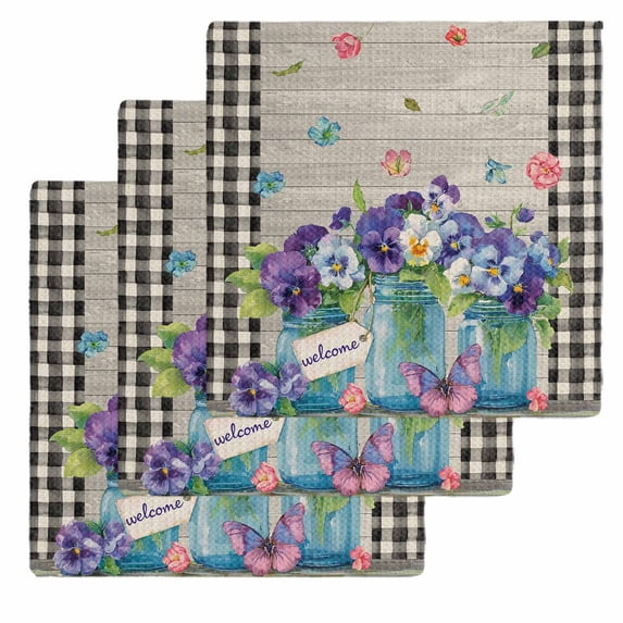 Hello Spring Kitchen Dish Towels for Drying Dishes Set of 3, Pastoral Purple Bottle Floral Wooden Plaid Waffle Weave Microfiber Hand Tea Bathroom Towels Quick Dry & Absorbent Towel 12x12