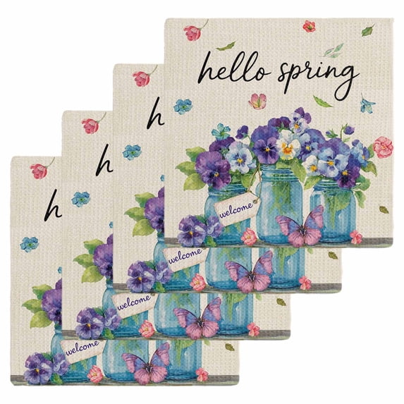 Hello Spring Kitchen Dish Towels for Drying Dishes Set of 4, Pastoral Purple Bottle Floral Rustic Burlap Waffle Weave Microfiber Hand Tea Bathroom Towels Quick Dry & Absorbent Towel 12x12