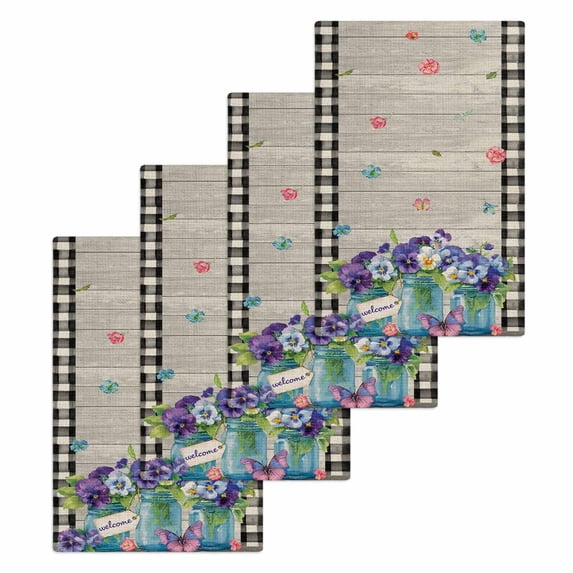Hello Spring Kitchen Dish Towels for Drying Dishes Set of 4, Pastoral Purple Bottle Floral Wooden Plaid Waffle Weave Microfiber Hand Tea Bathroom Towels Quick Dry & Absorbent Towel 15.7x23.6