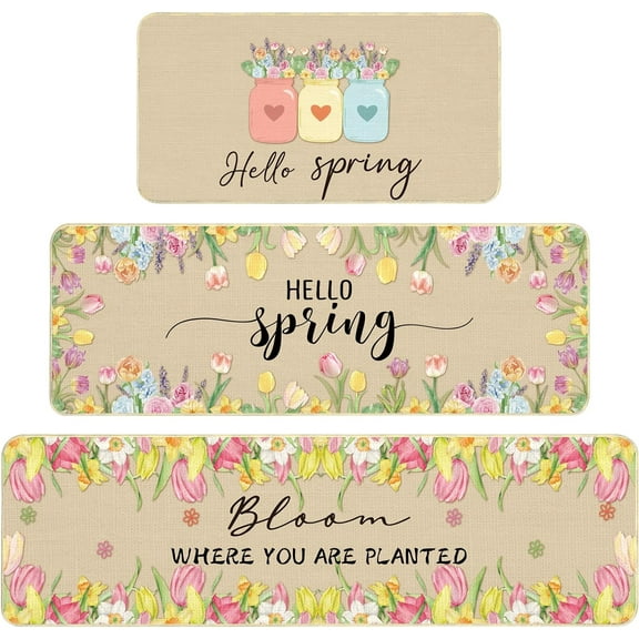 Hello Spring Kitchen Rugs and Mats Set of 3, Spring Flowers Vase Floral Kitchen Mat Non Slip Bloom Doormat Easter Funny Washable Kitchen Bathroom Decor,17 x 59,17 x 47,17 x 32 in