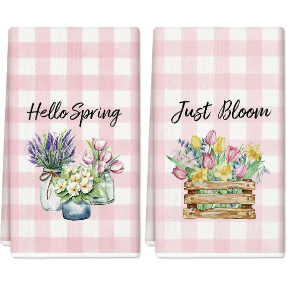 Hello Spring Kitchen Towel Floral Blossom Flower Dish Towel 18 x 26 Inch Pink White Buffalo Plaid Hand Drying Tea Towel for Weing Anniversary Cooking Baking, 2Pcs