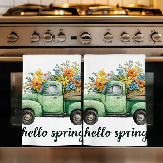 Hello Spring Kitchen Towels Set of 1, Easter Flowers Green Car Vintage Floral Absorbent Dish Towels for Kitchen, Microfiber Hand Towel, Quick Drying Tea Towel for Cleaning Decorative Dishcloths