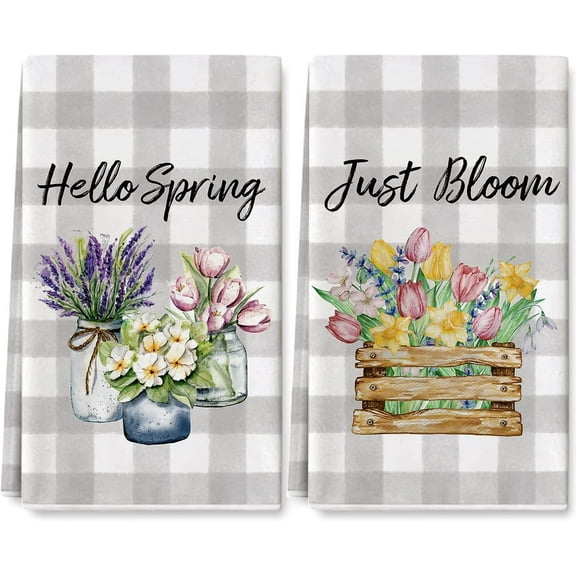 Hello Spring Kitchen Towels Spring Floral Blossoms Dish Towel 18 x 26 Inch Gray White Buffalo Plaids Flower Hand Drying Tea Towel for Cooking Baking Cleaning Wipes, Set of 2