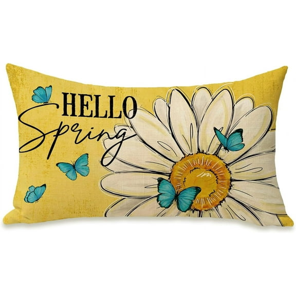 Hello Spring Lumbar Decorative Rectangle Pillow Cover 12 x 20, Daisy Flower Yellow Porch Patio Outdoor Pillowcase, Floral Butterfly Seasonal Sofa Couch Cushion Case Home Decor